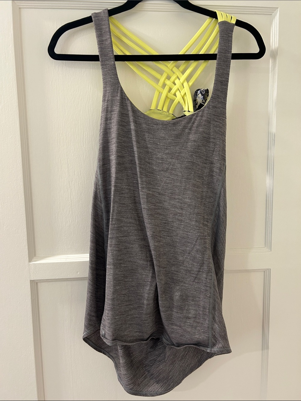 lululemon athletica Gray Tank Top with Neon Yellow Strappy openBack Built in Bra